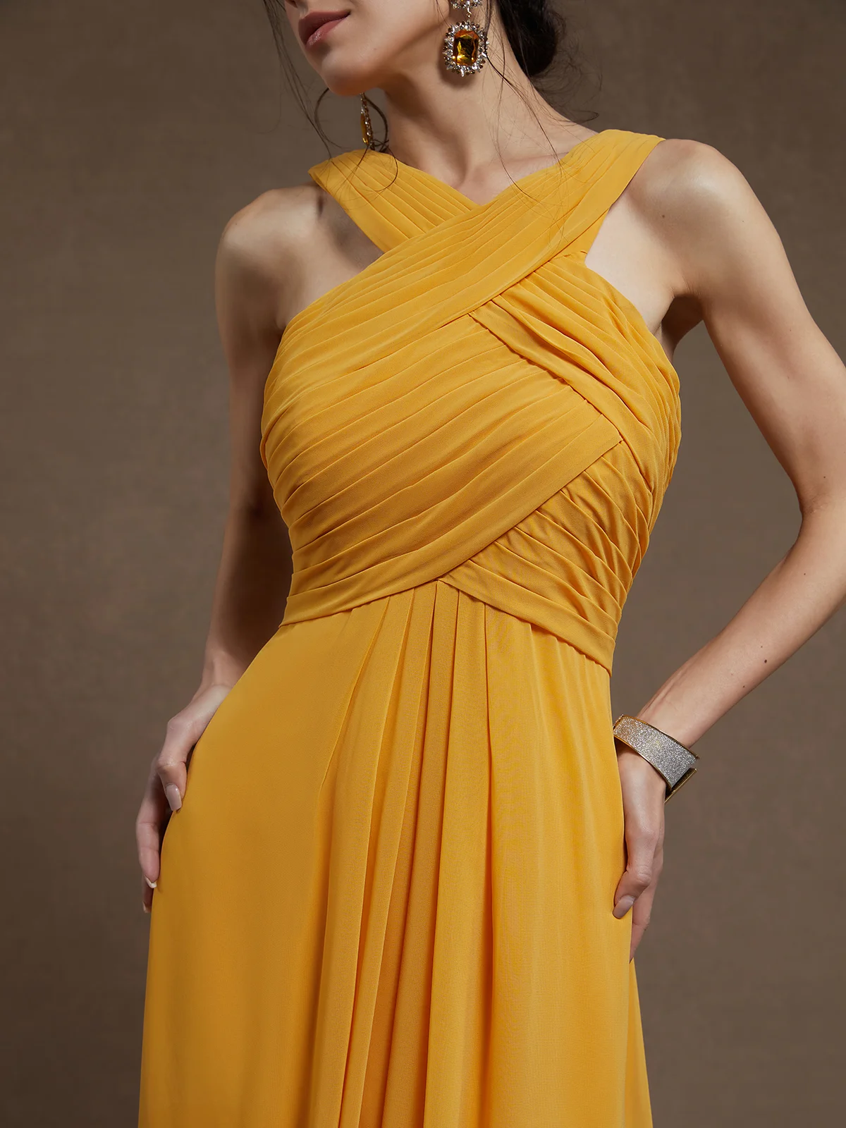 Yellow Pleated Cross Neck Sleeveless A-Line Maxi Chiffon Dress