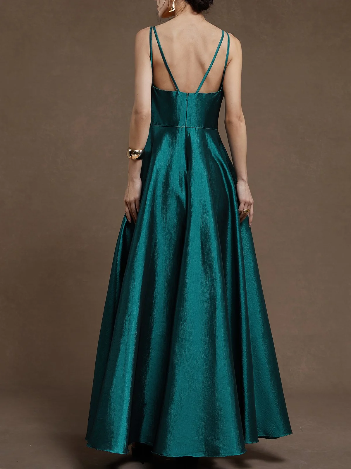 Cyan Satin Spaghetti Gallus A-Line Maxi Dress