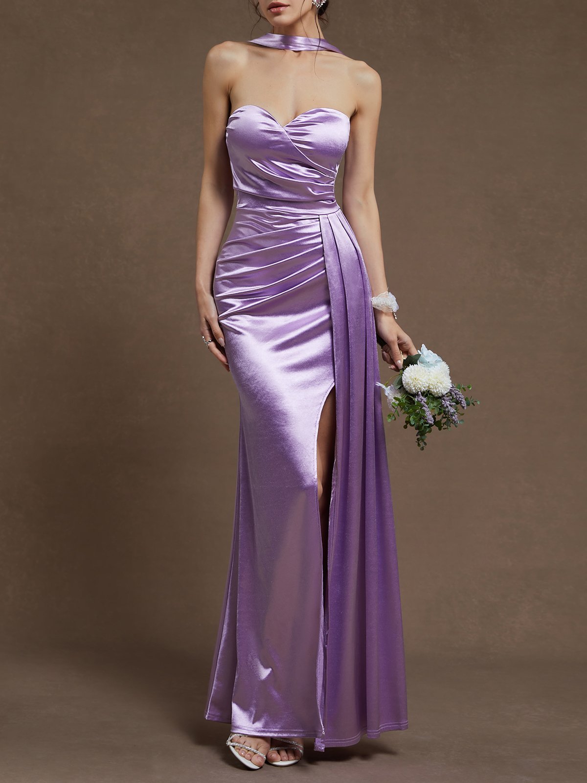 Purple Ruched Strapless Sleeveless Mermaid Satin Dress