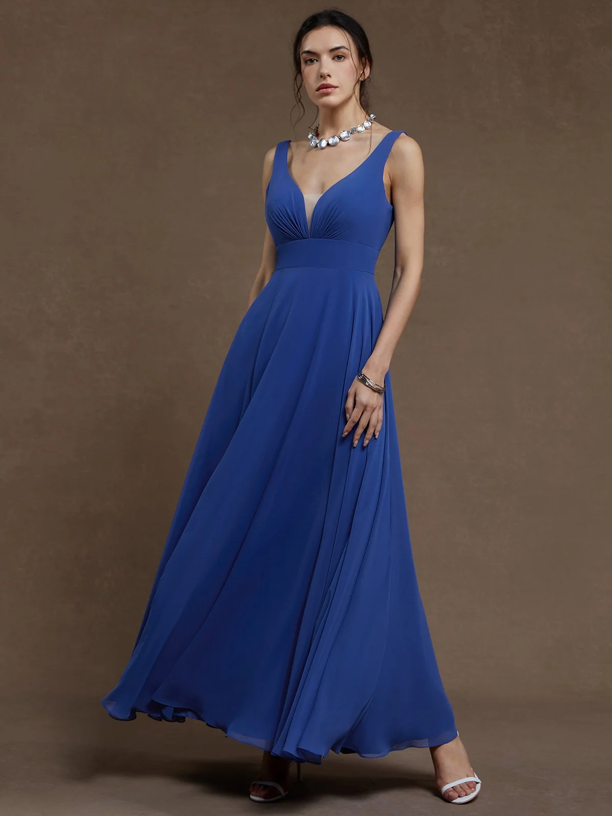 Blue Ruched V Neck Sleeveless A-Line Maxi Chiffon Dress