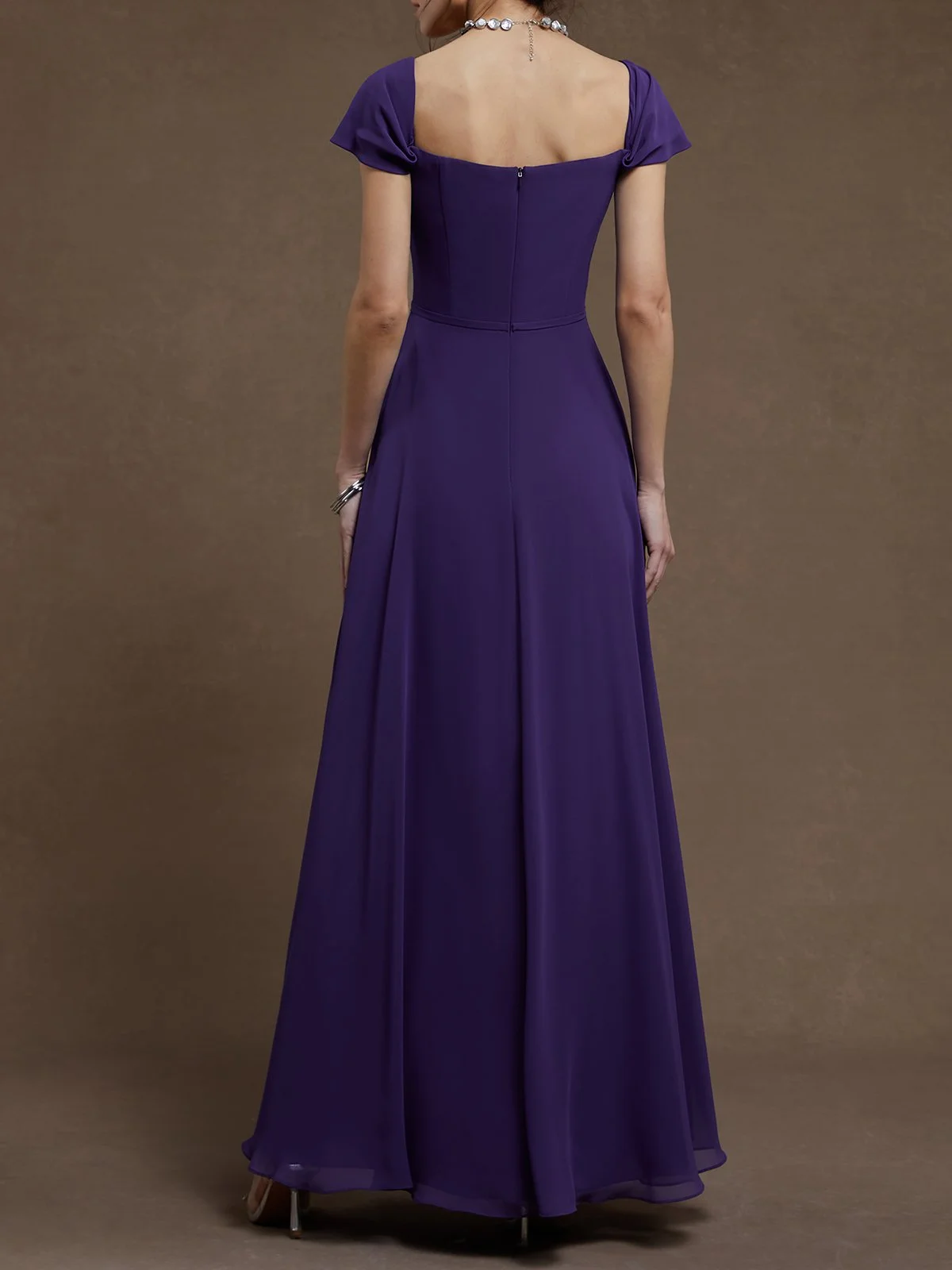 Purple Chiffon Spaghetti Long Sleeve A-Line Maxi Dress