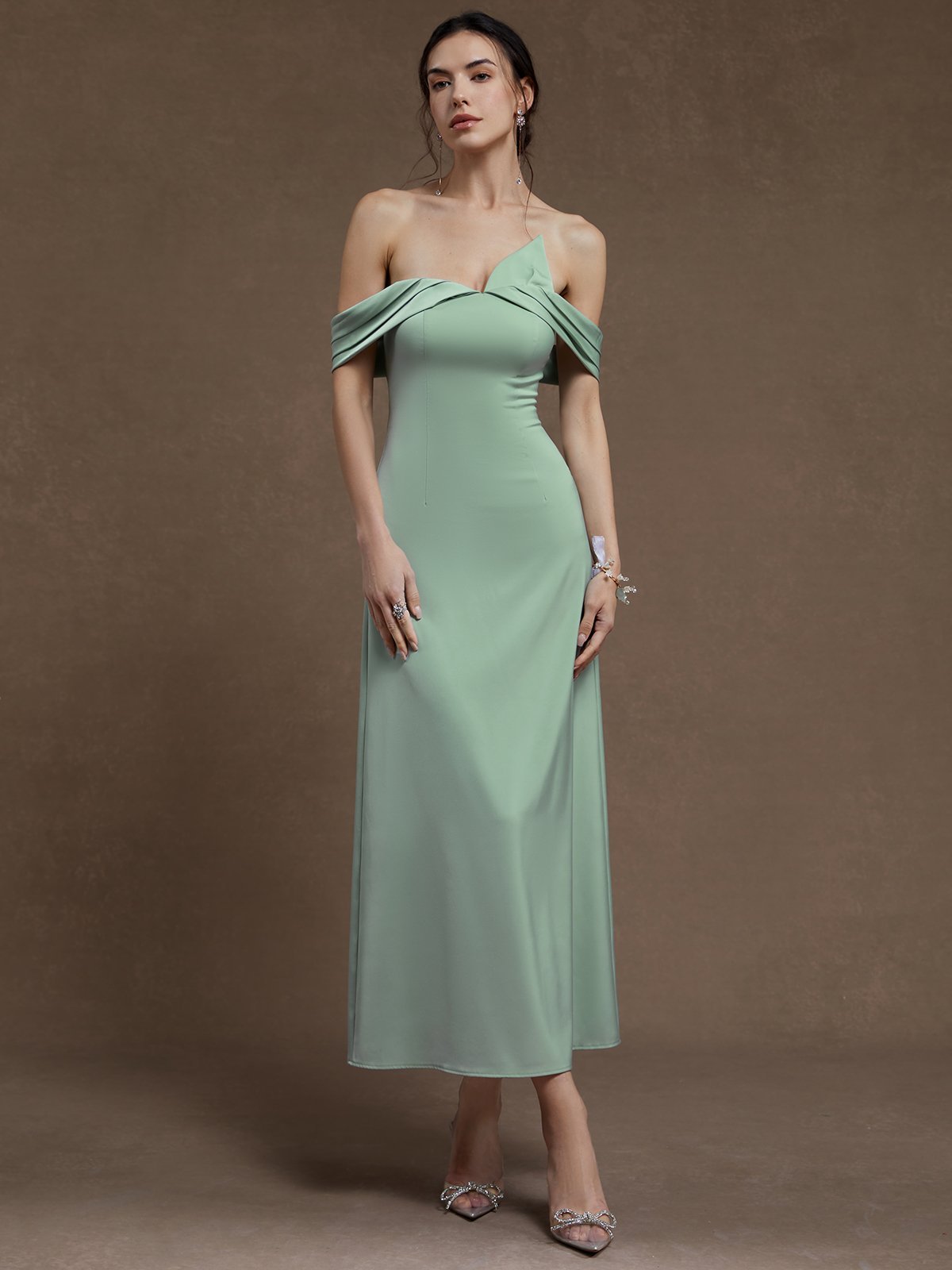 Lightgreen Ruched Satin Off The Shoulder Short Sleeve A-Line Maxi Dress