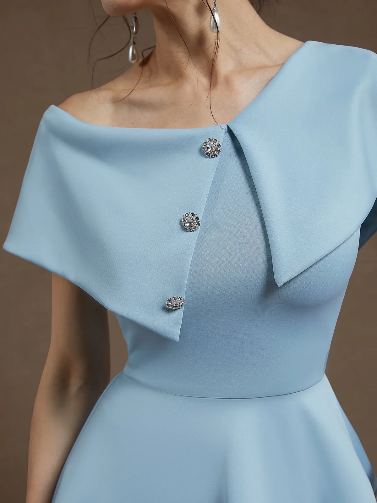 Light Blue Peplum Ruched Sheath Dress One Shoulder Short Sleeve Sheath Midi Dress