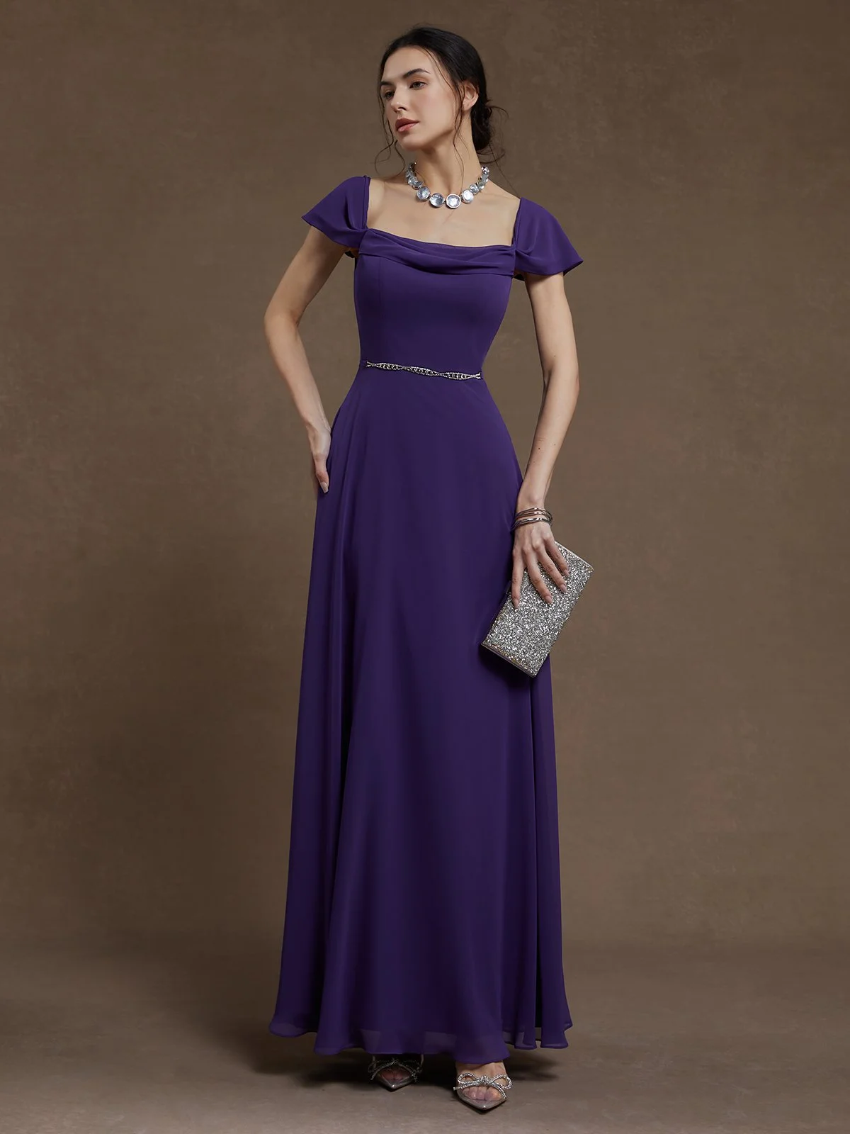 Purple Chiffon Spaghetti Long Sleeve A-Line Maxi Dress