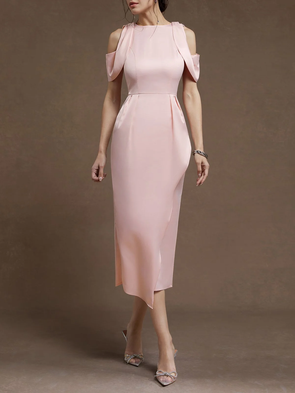 Pink Crew Neck Short Sleeve Sheath Midi Satin Dress