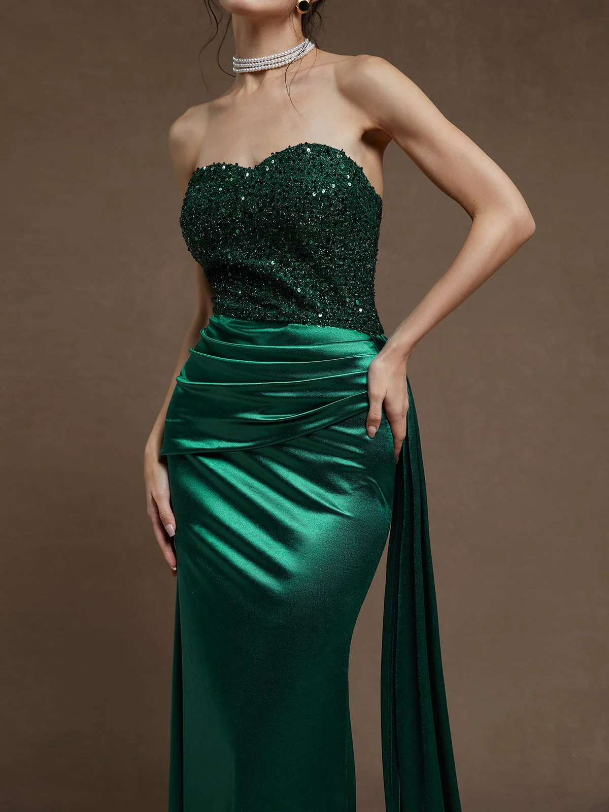 Green Glitter Ruched Velvet Strapless Sleeveless Sheath Maxi Dress