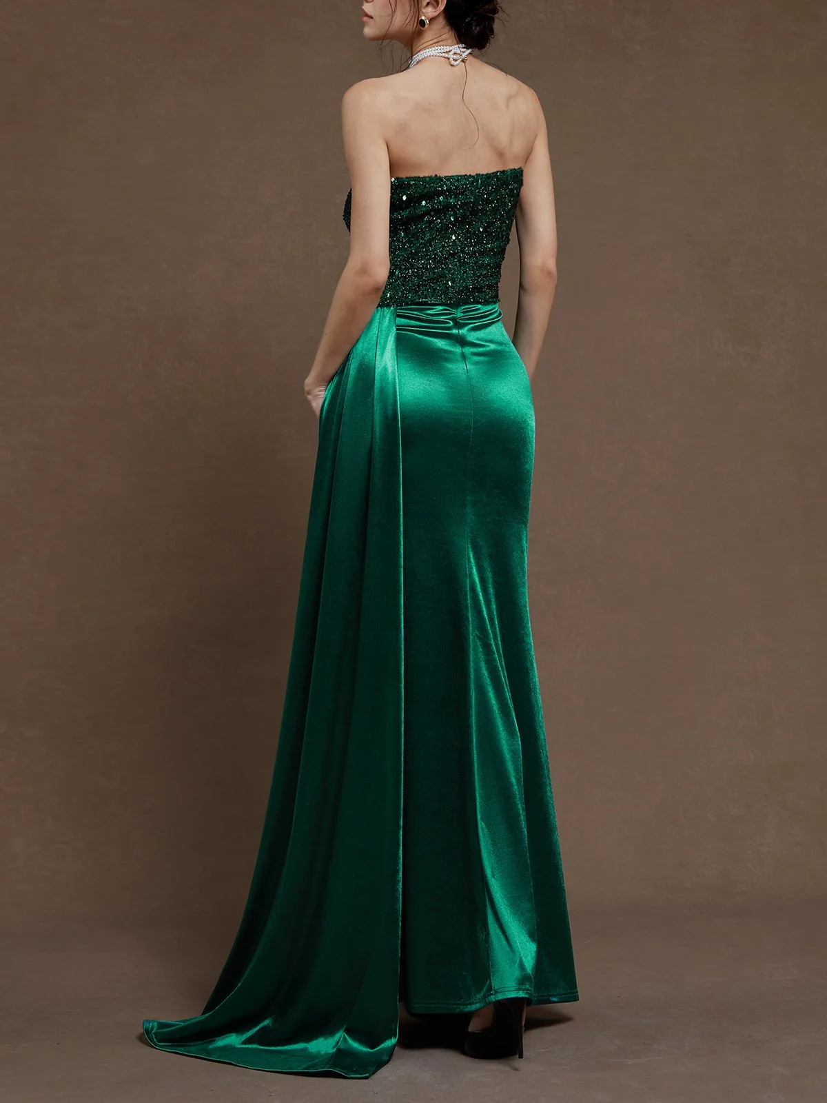 Green Glitter Ruched Velvet Strapless Sleeveless Sheath Maxi Dress