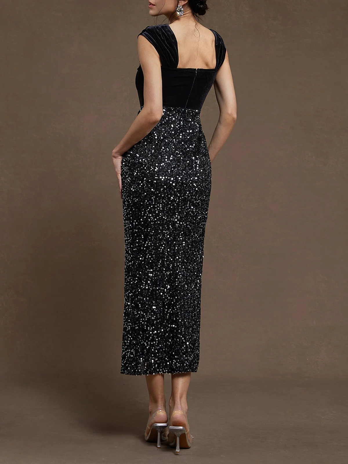 Black Sequin Ruched Square Neck Sheath Midi Velvet  Dress