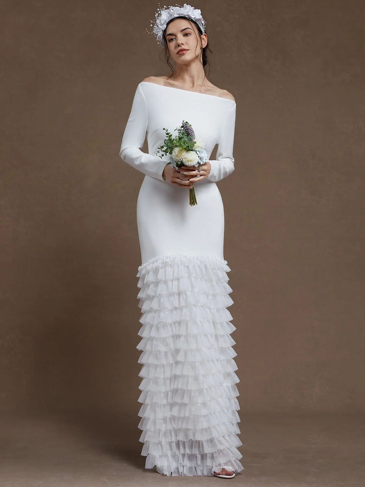 Off White Ruched Classic Off The Shoulder Long Sleeve Mermaid Gown