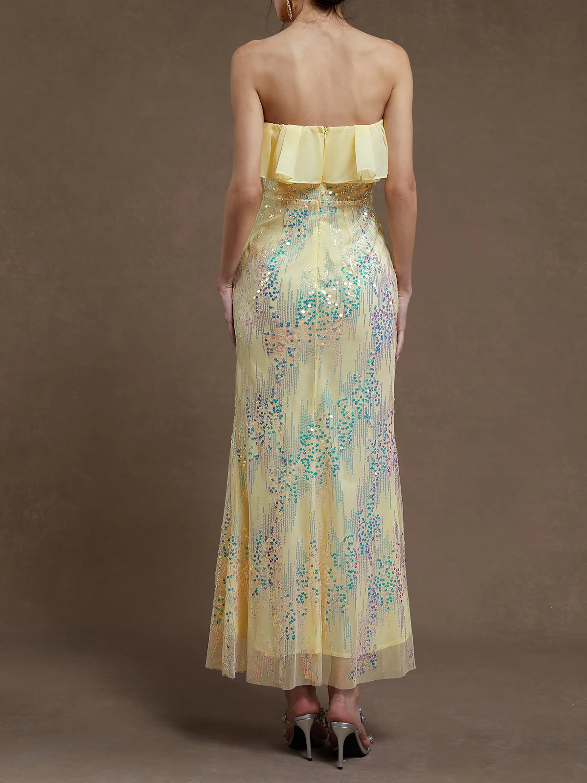 Light Yellow Peplum Strapless Mermaid Maxi Sequin Dress