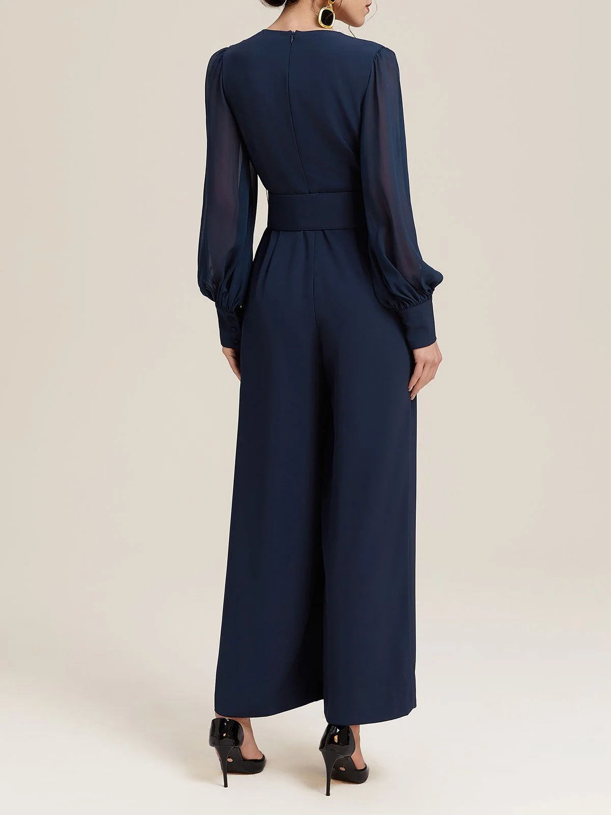 Dark Blue V Neck Balloon Sleeve Chiffon Jumpsuit