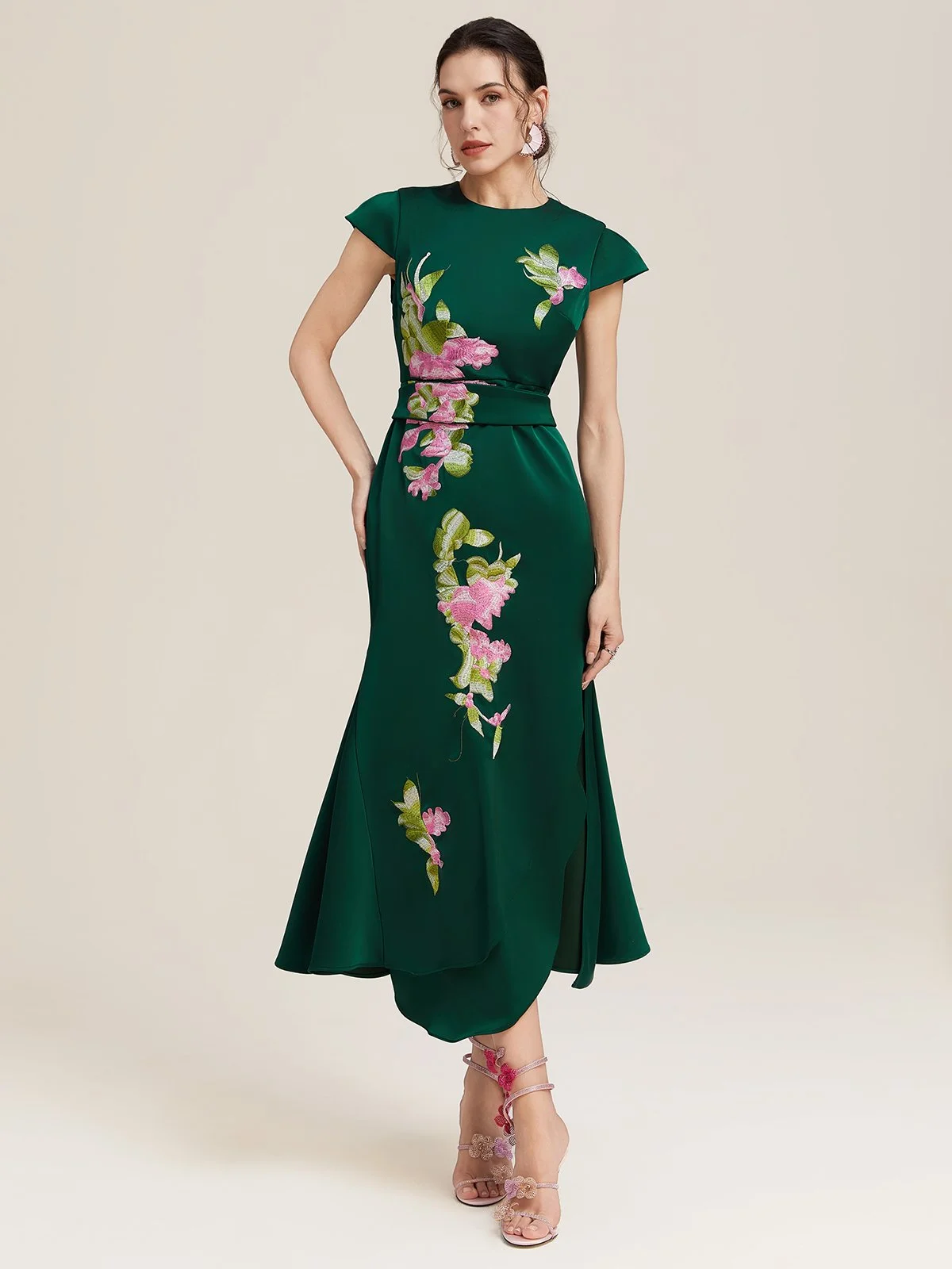 Dark Green Embroidery Satin Crew Neck Cap Sleeve A-Line Maxi Dress