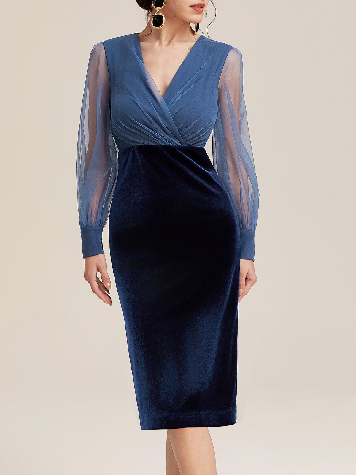 Wine Red Mesh Split Joint Balloon Sleeve Sheath Midi Velvet Dress