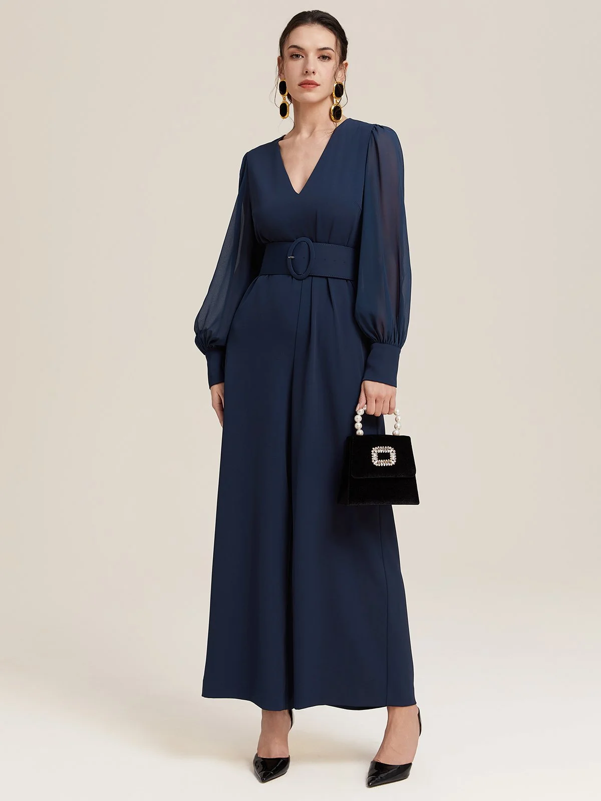 Dark Blue V Neck Balloon Sleeve Chiffon Jumpsuit