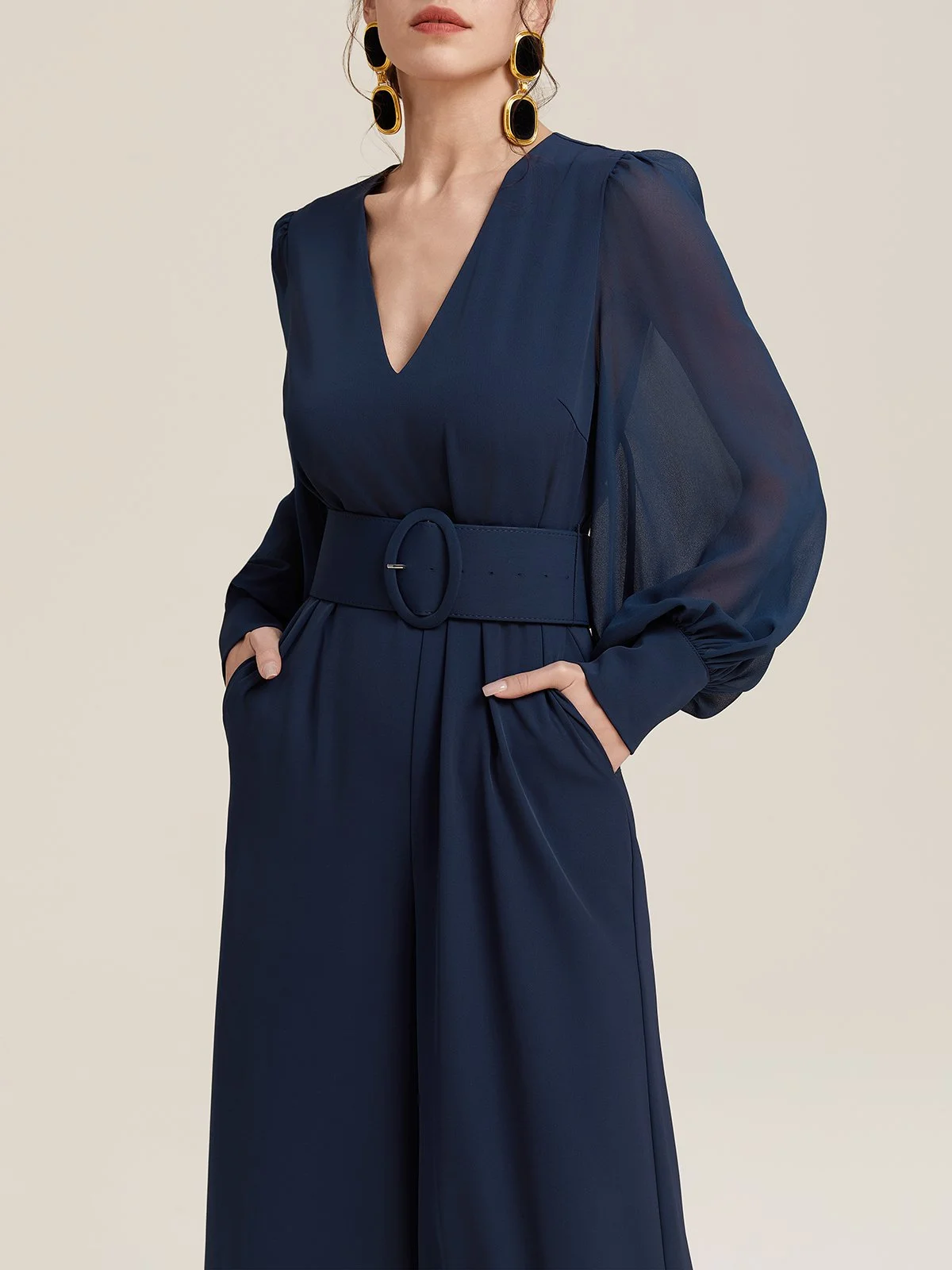 Dark Blue V Neck Balloon Sleeve Chiffon Jumpsuit