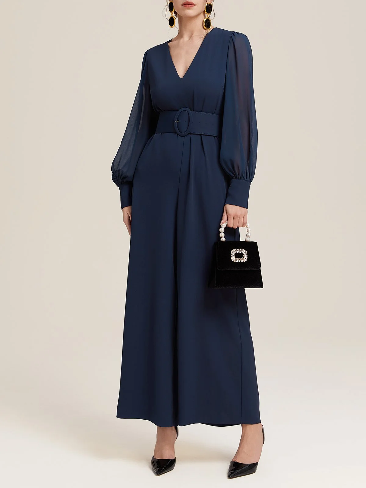 Dark Blue V Neck Balloon Sleeve Chiffon Jumpsuit