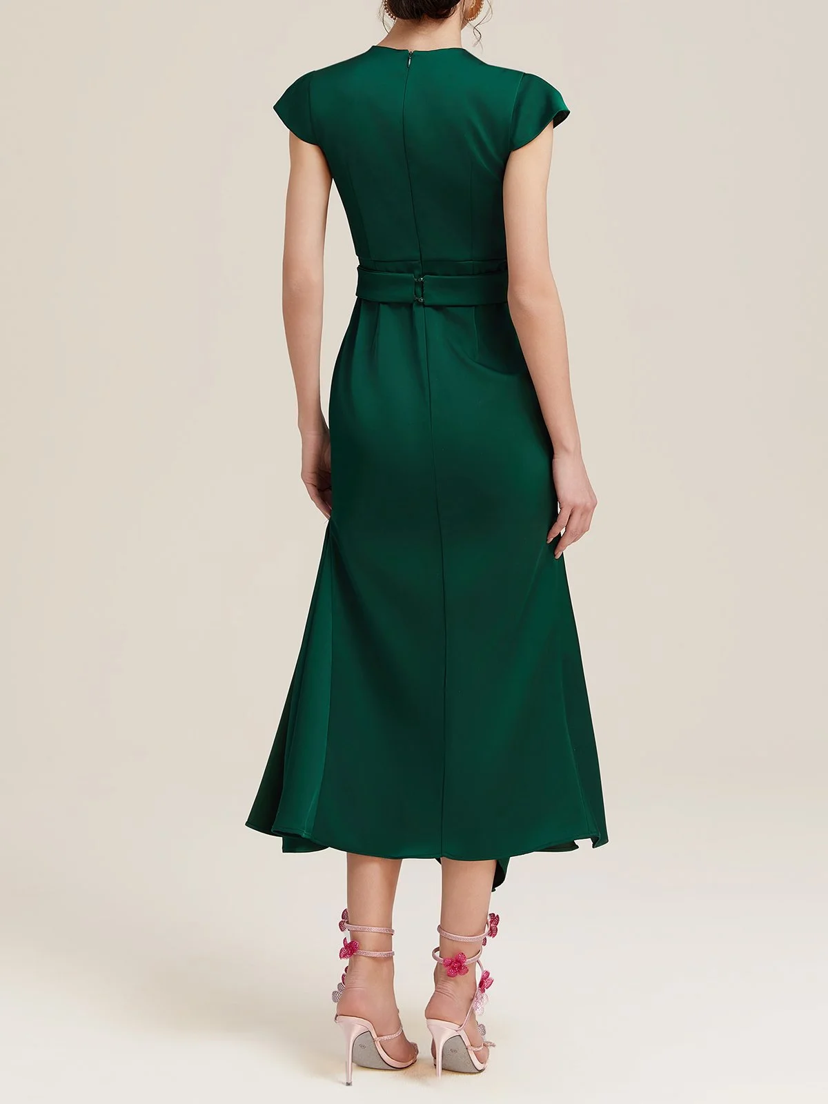 Dark Green Embroidery Satin Crew Neck Cap Sleeve A-Line Maxi Dress