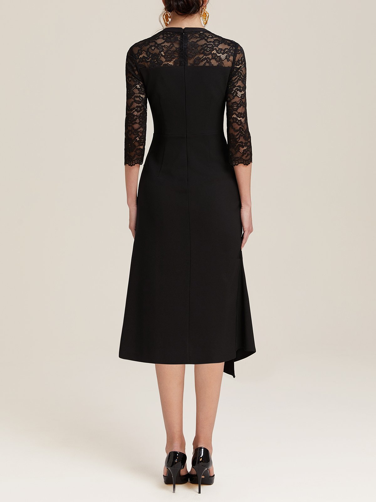 Black Lace Sweetheart Neckline Half Sleeve A-Line Midi Dress