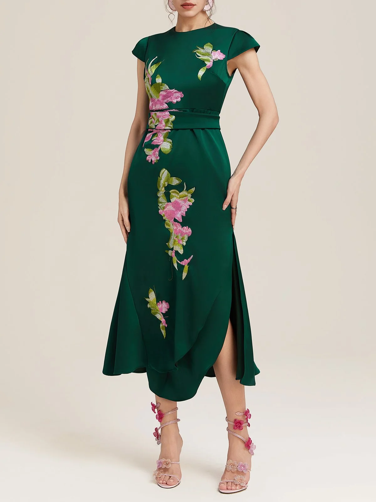 Dark Green Embroidery Satin Crew Neck Cap Sleeve A-Line Maxi Dress