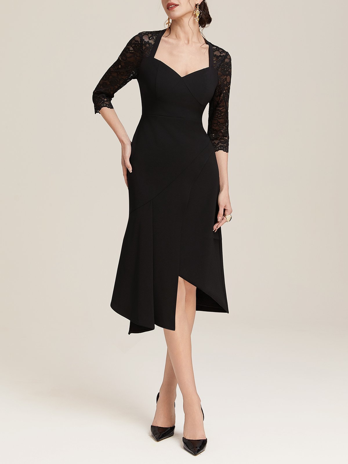 Black Lace Sweetheart Neckline Half Sleeve A-Line Midi Dress
