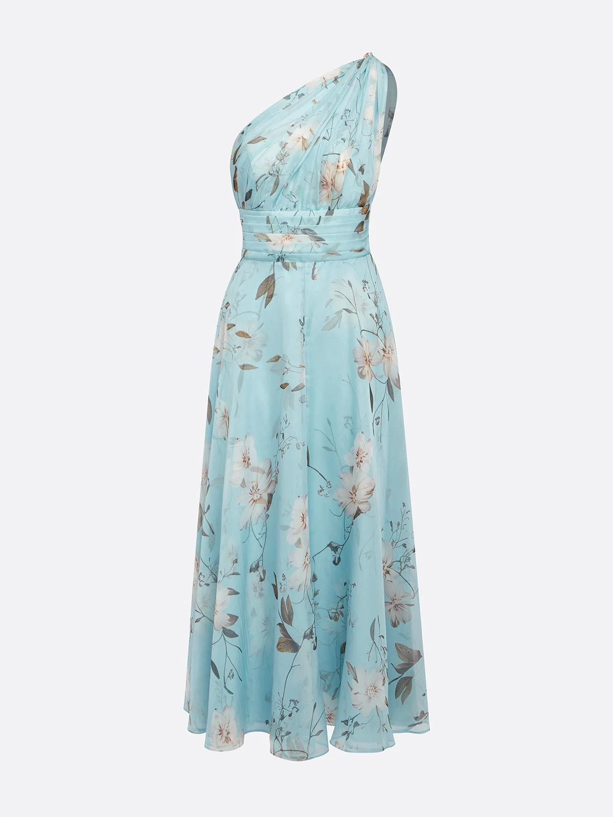 Light Blue Floral Ruched Chiffon One Shoulder Sleeveless A-Line Maxi Dress