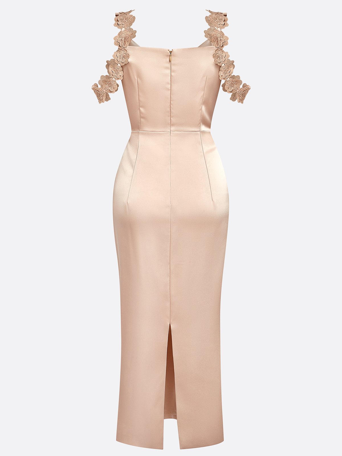 Champagne 3D Floral Satin Cowl Neck Sleeveless Sheath Midi Dress