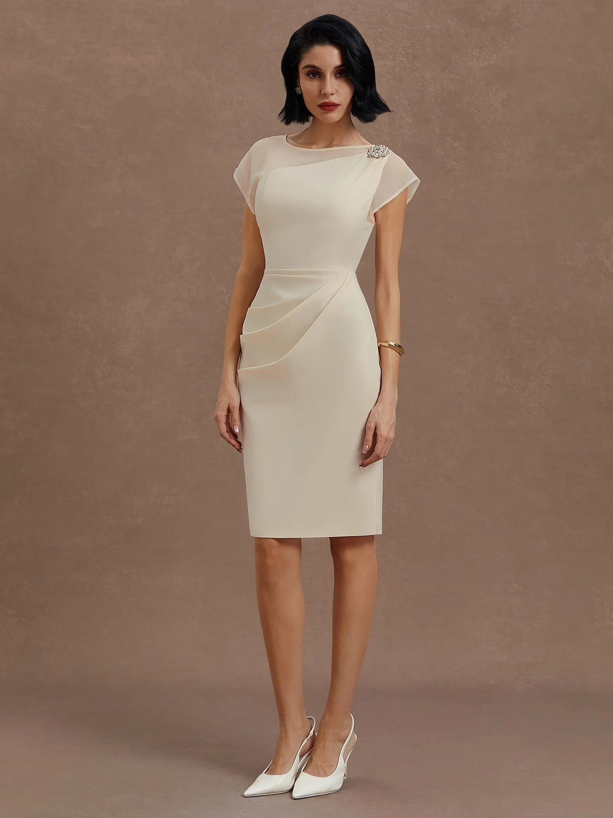 White Imitation Pearls Satin Boat Neck Cap Sleeve Sheath Midi Dress