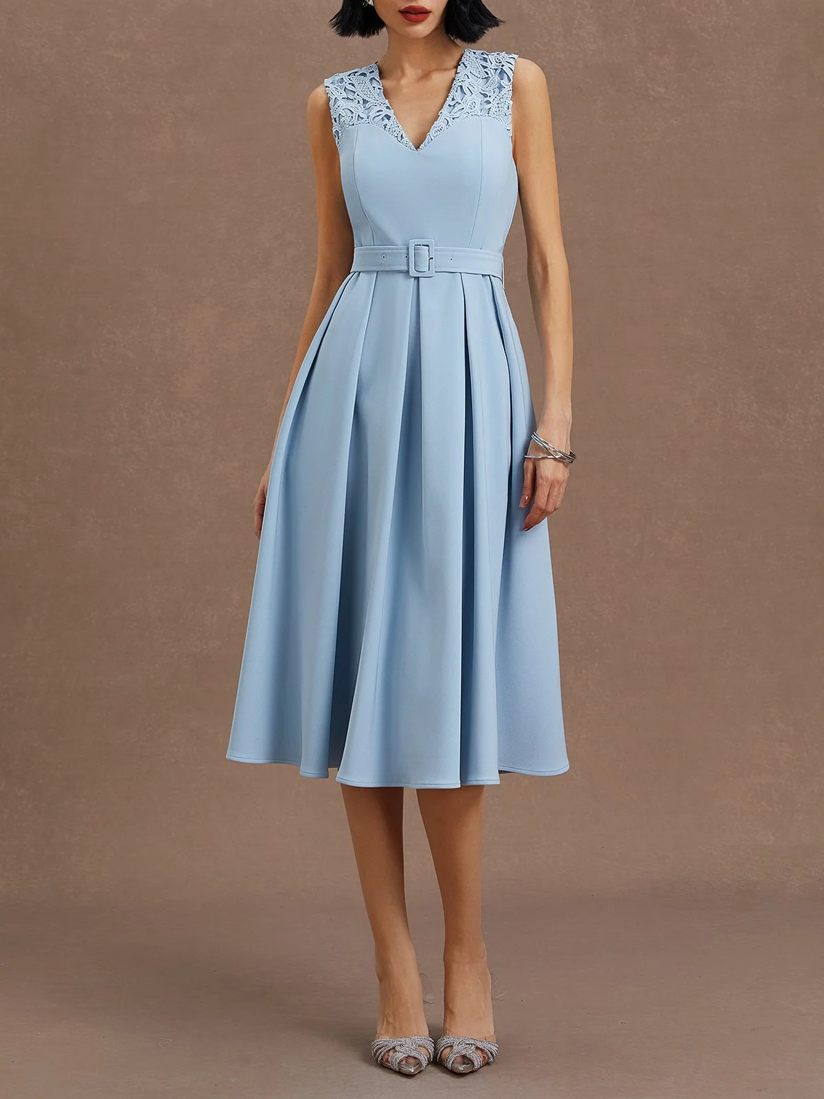 Light Blue Lace V Neck Sleeveless A-Line Midi Dress