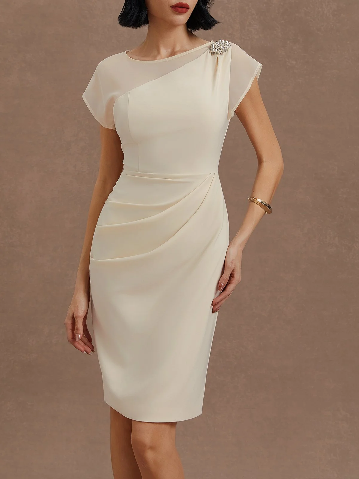 White Imitation Pearls Satin Boat Neck Cap Sleeve Sheath Midi Dress
