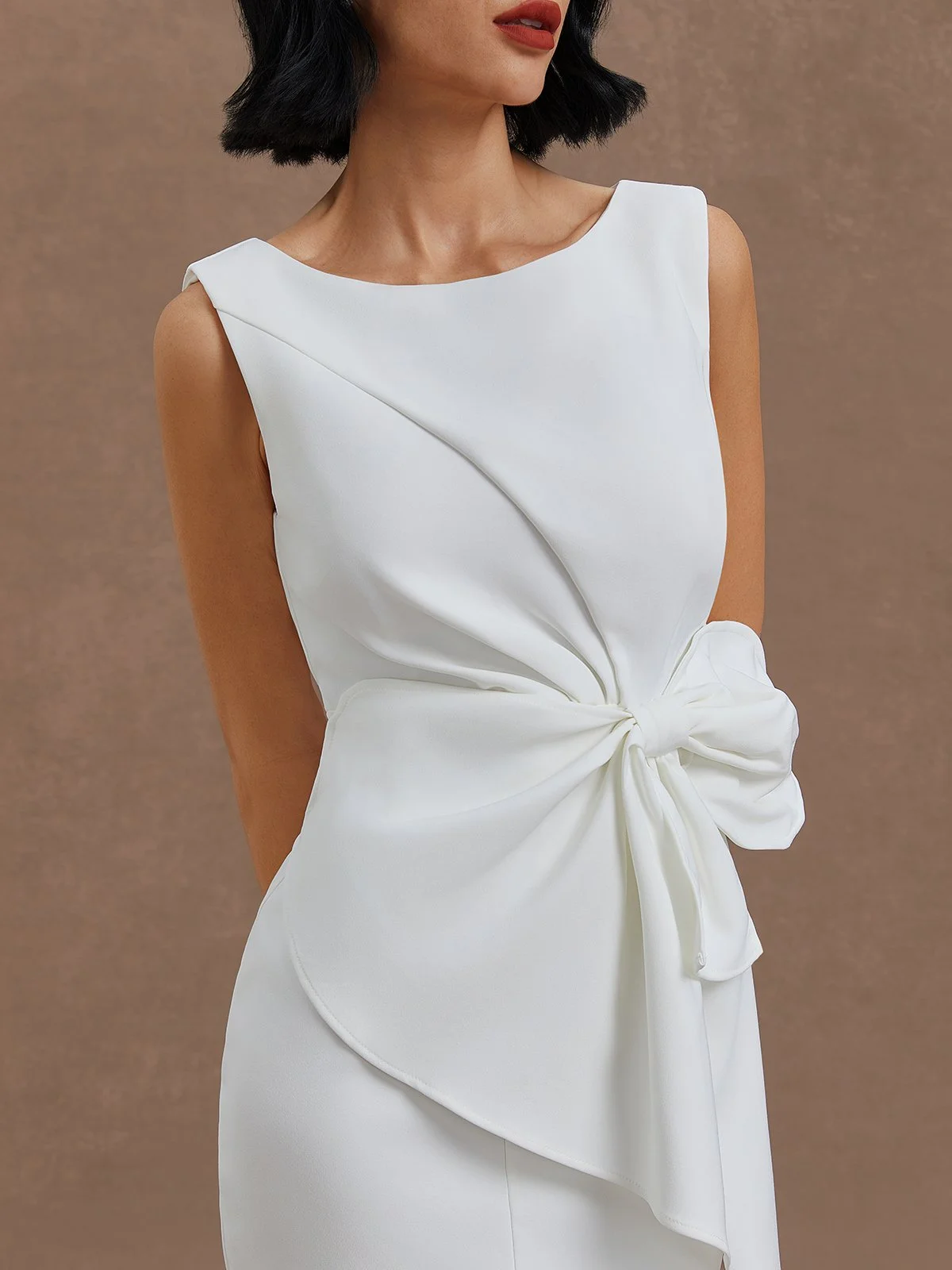 White Bow Asymmetric Classic Boat Neck Sleeveless Sheath Midi Dress