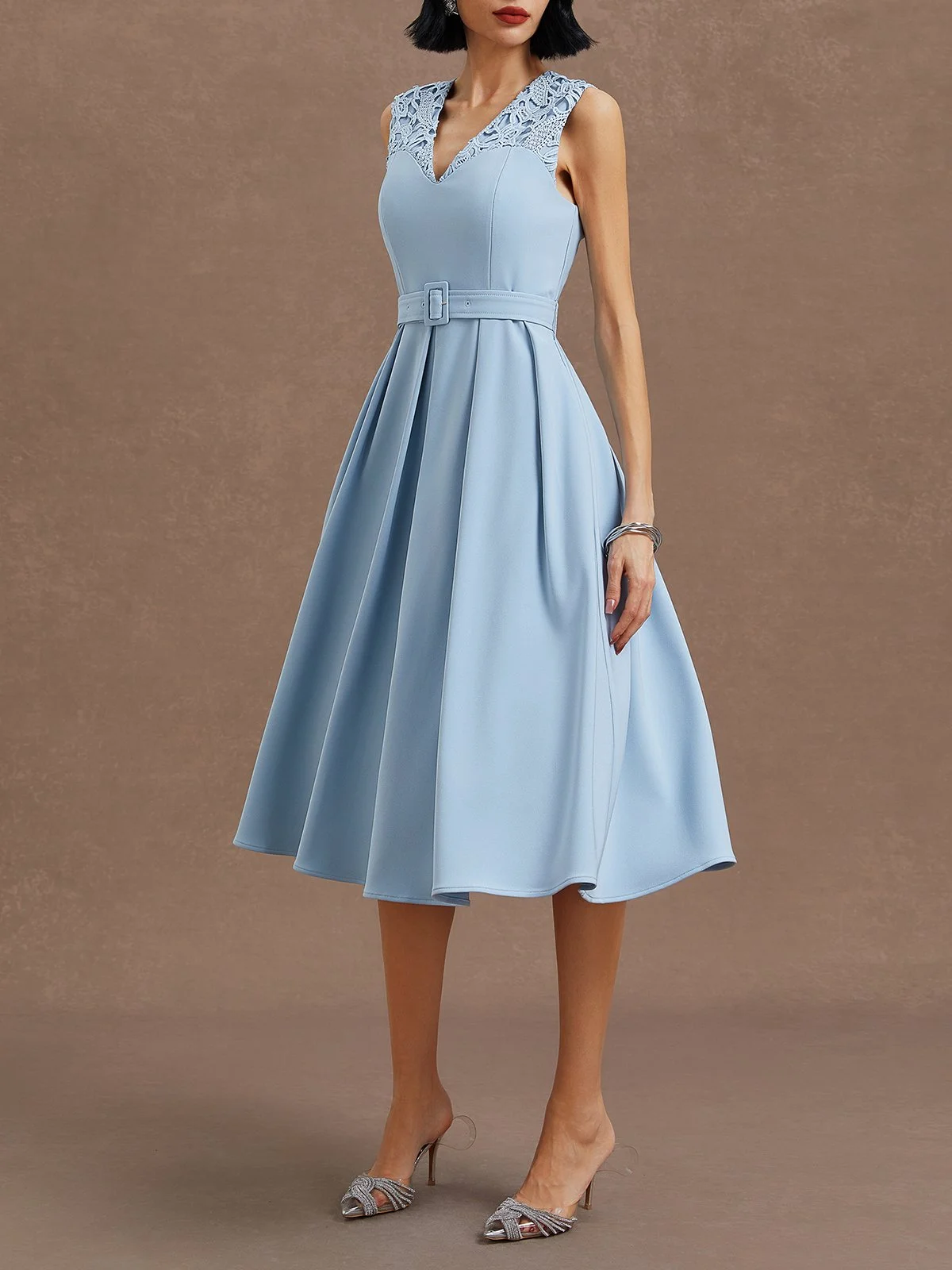 Light Blue Lace V Neck Sleeveless A-Line Midi Dress