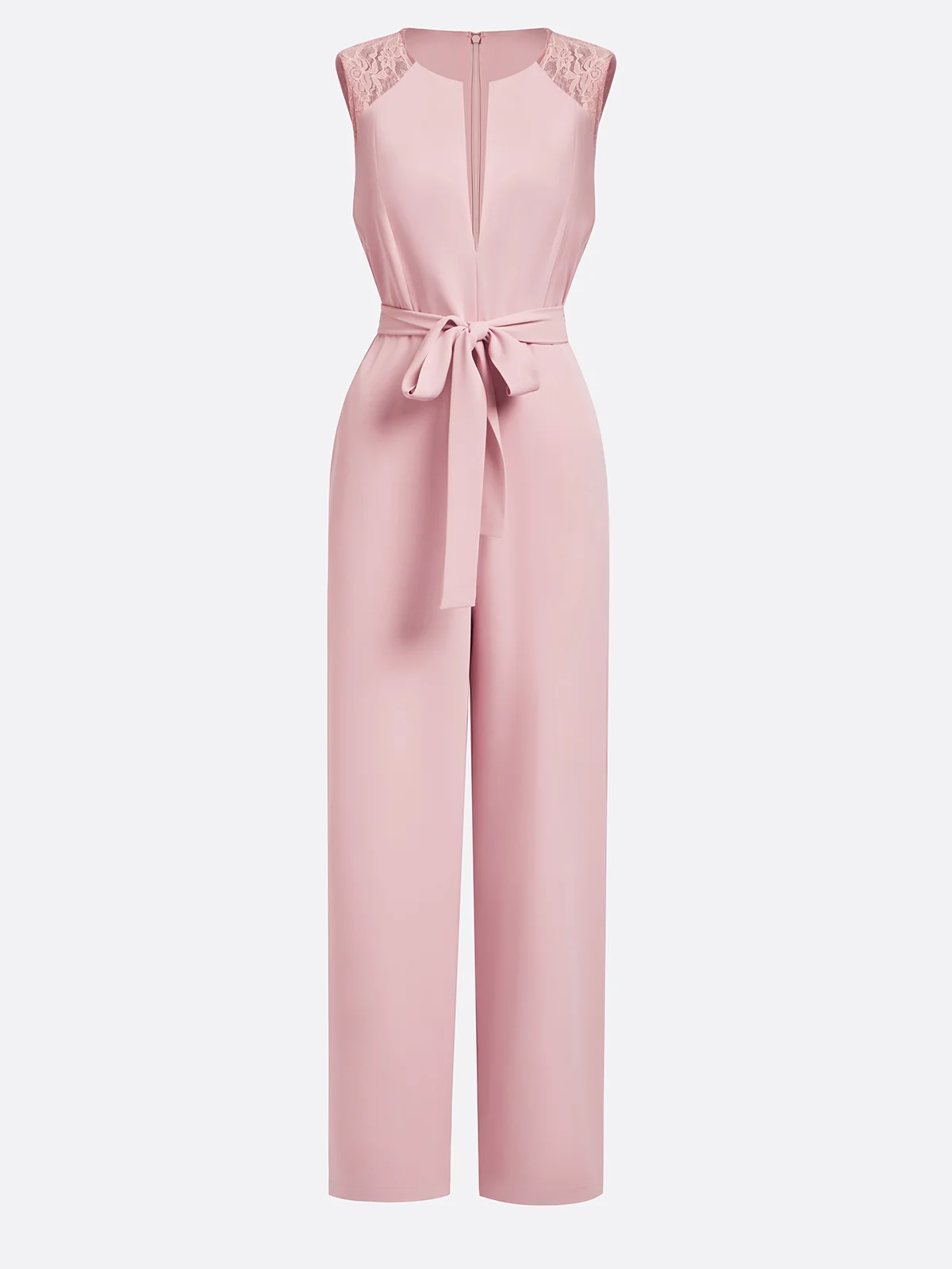 Pink Urban Plain Lace Jumpsuit With Belt