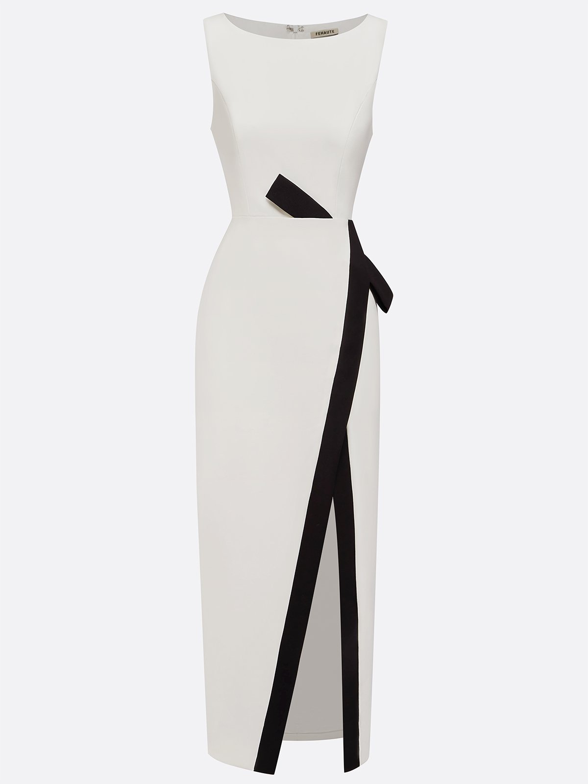 White Piping Classic Crew Neck Sleeveless Sheath Maxi Dress