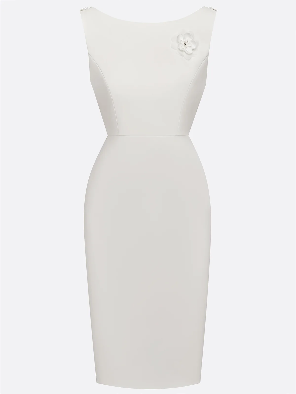 White Lace 3D Floral Classic Boat Neck Sleeveless Sheath Midi Dress