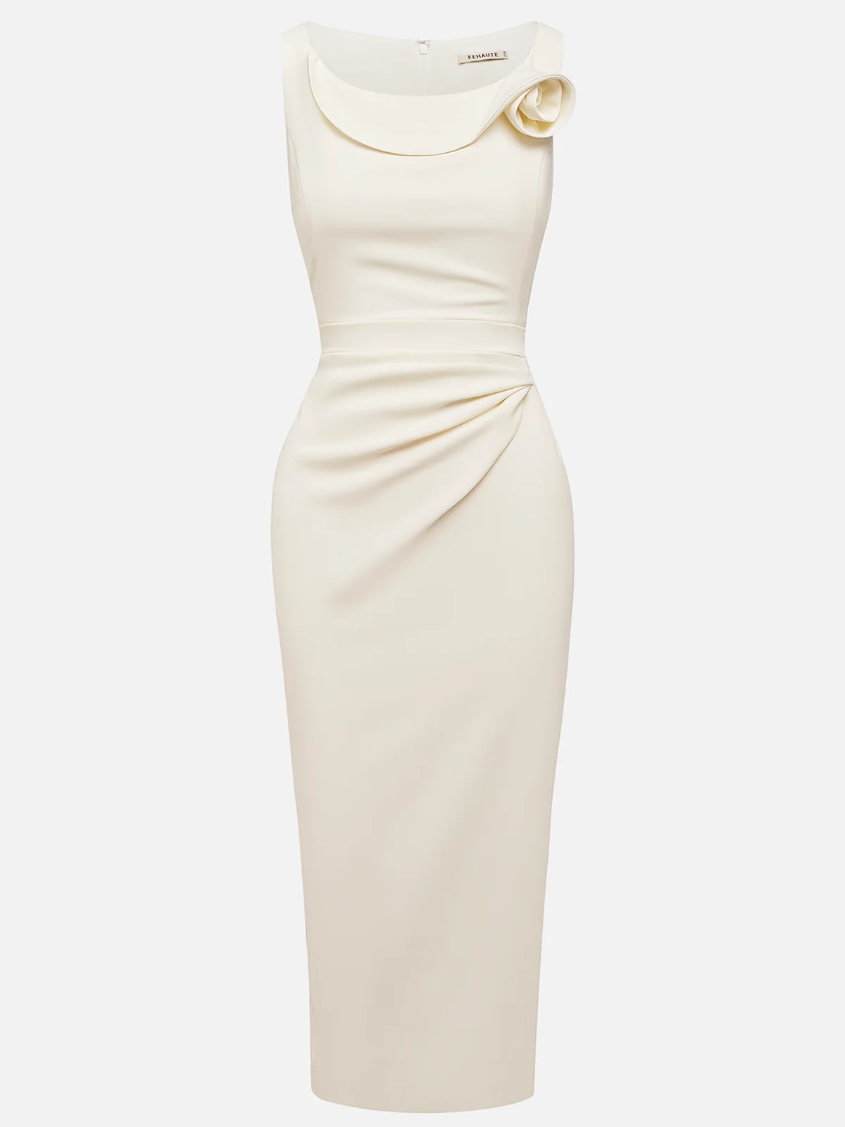 White 3D Floral Ruched Classic Crew Neck Sleeveless Sheath Midi Dress