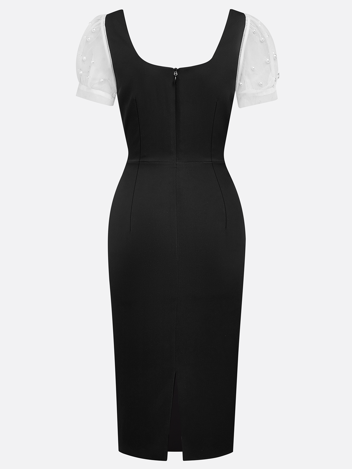 Black Pearl Mesh Classic Square Neck Short Sleeve Puff Sleeve Sheath Midi Dress