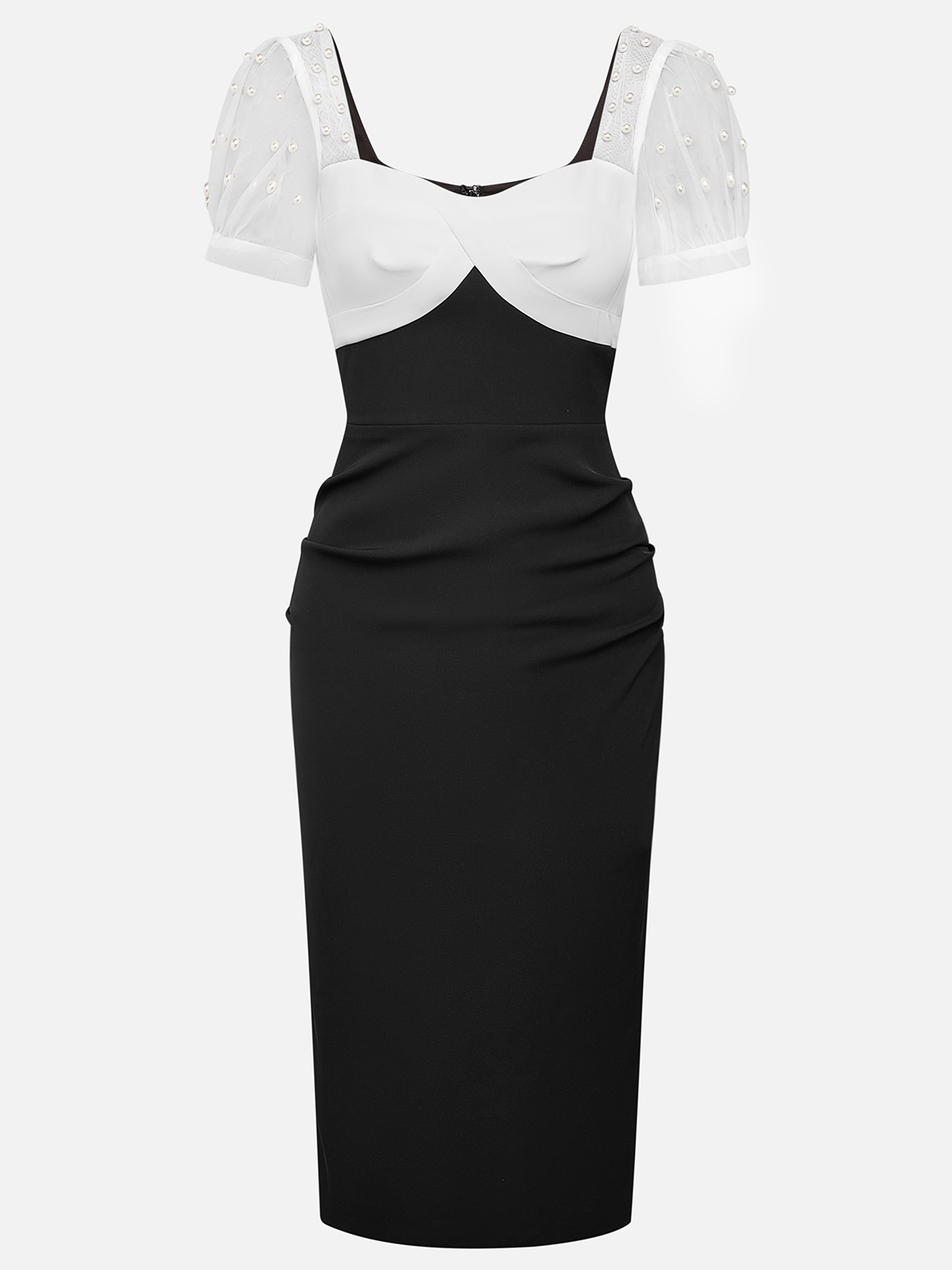 Black Pearl Mesh Classic Square Neck Short Sleeve Puff Sleeve Sheath Midi Dress