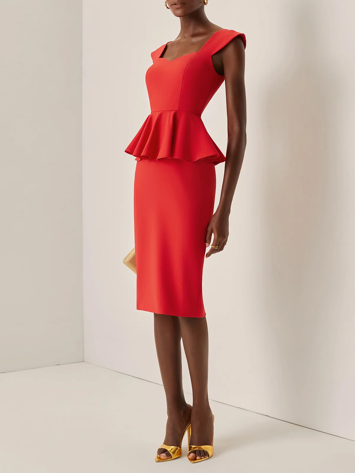 Red Peplum Peplum Sweetheart Neckline Sleeveless Sheath Midi Dress