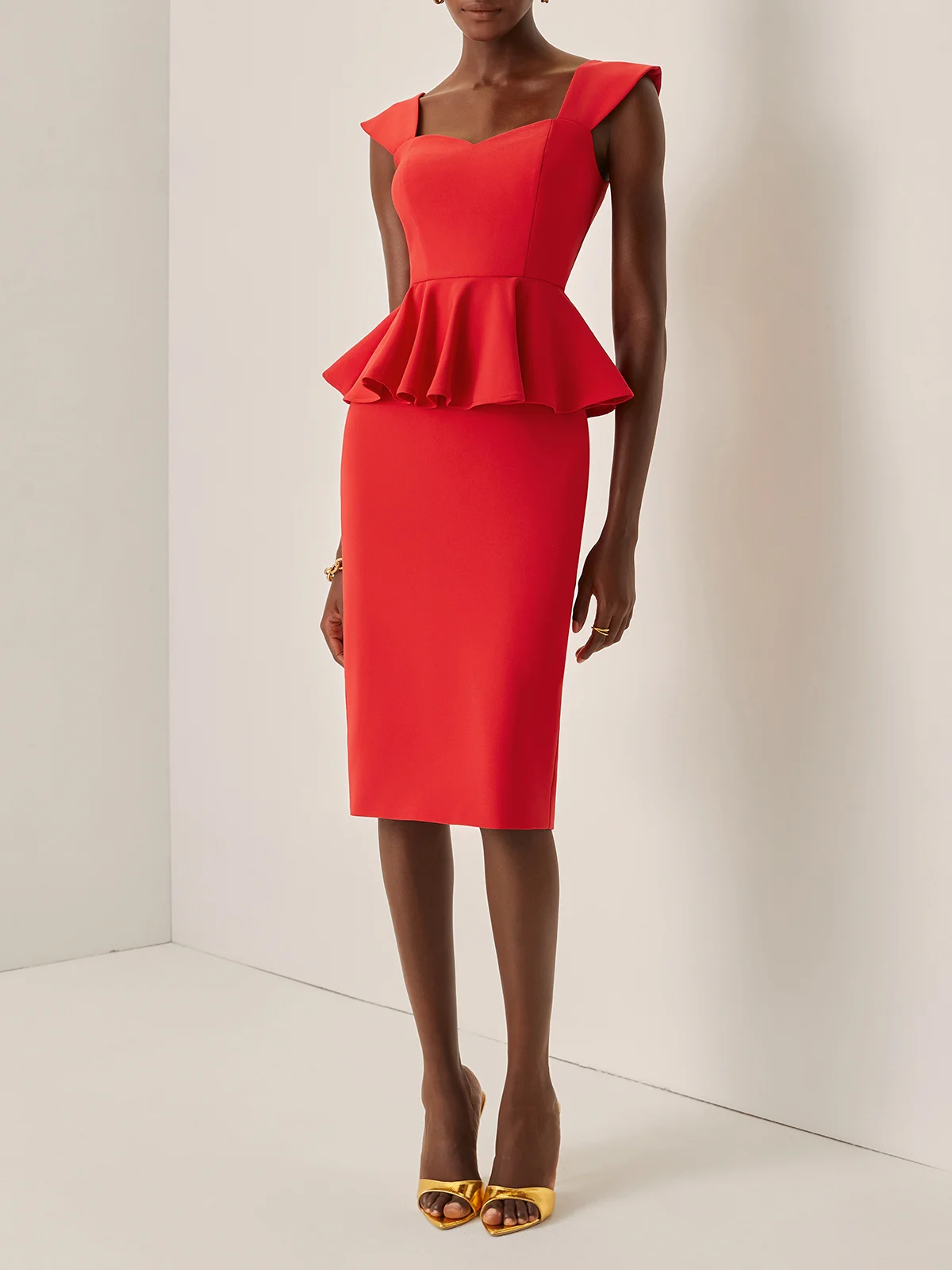 Red Peplum Peplum Sweetheart Neckline Sleeveless Sheath Midi Dress