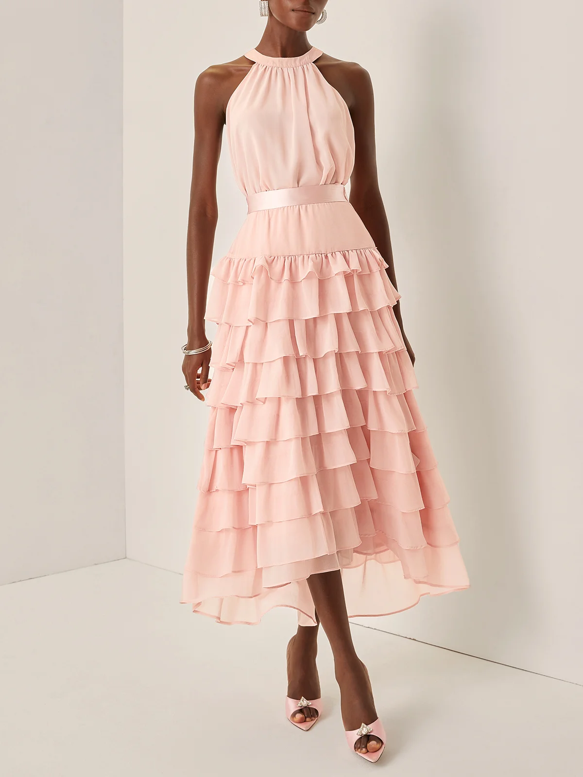 Pink Peplum Chiffon Halter Sleeveless A-Line Maxi Dress