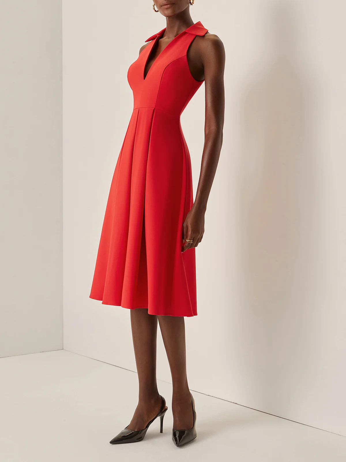 Red Classic Shirt Collar Sleeveless A-Line Midi Dress