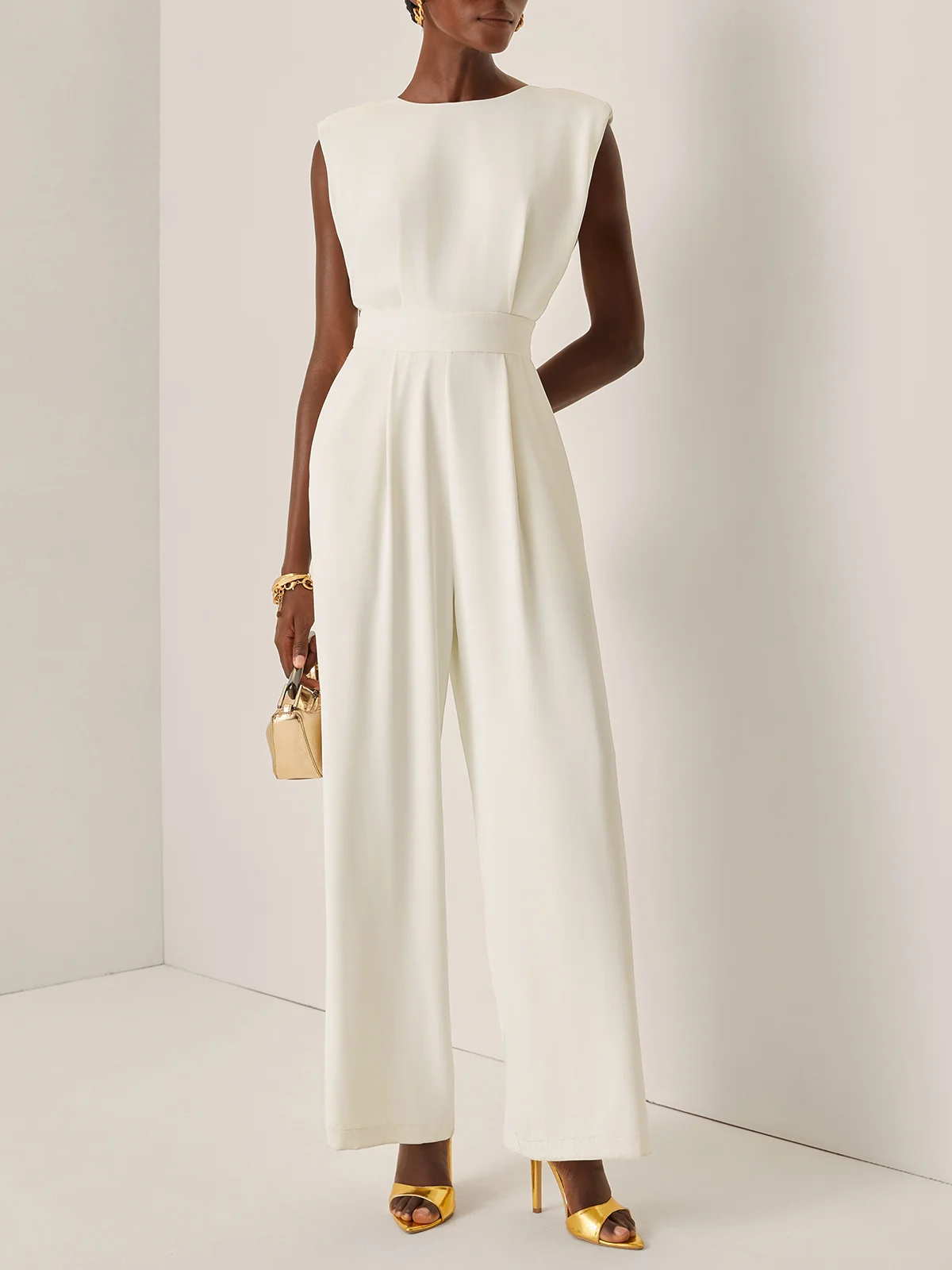 Off White Crew Neck Plain Ruched Urban Jumpsuit