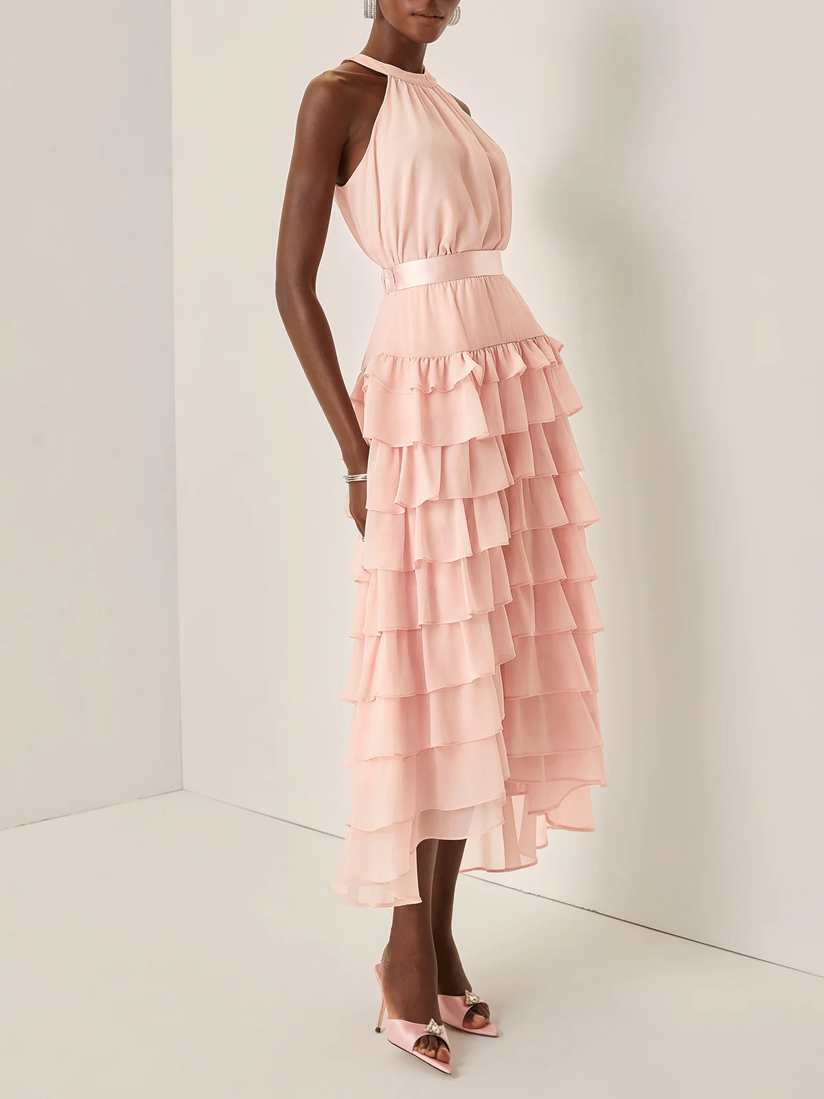 Pink Peplum Chiffon Halter Sleeveless A-Line Maxi Dress