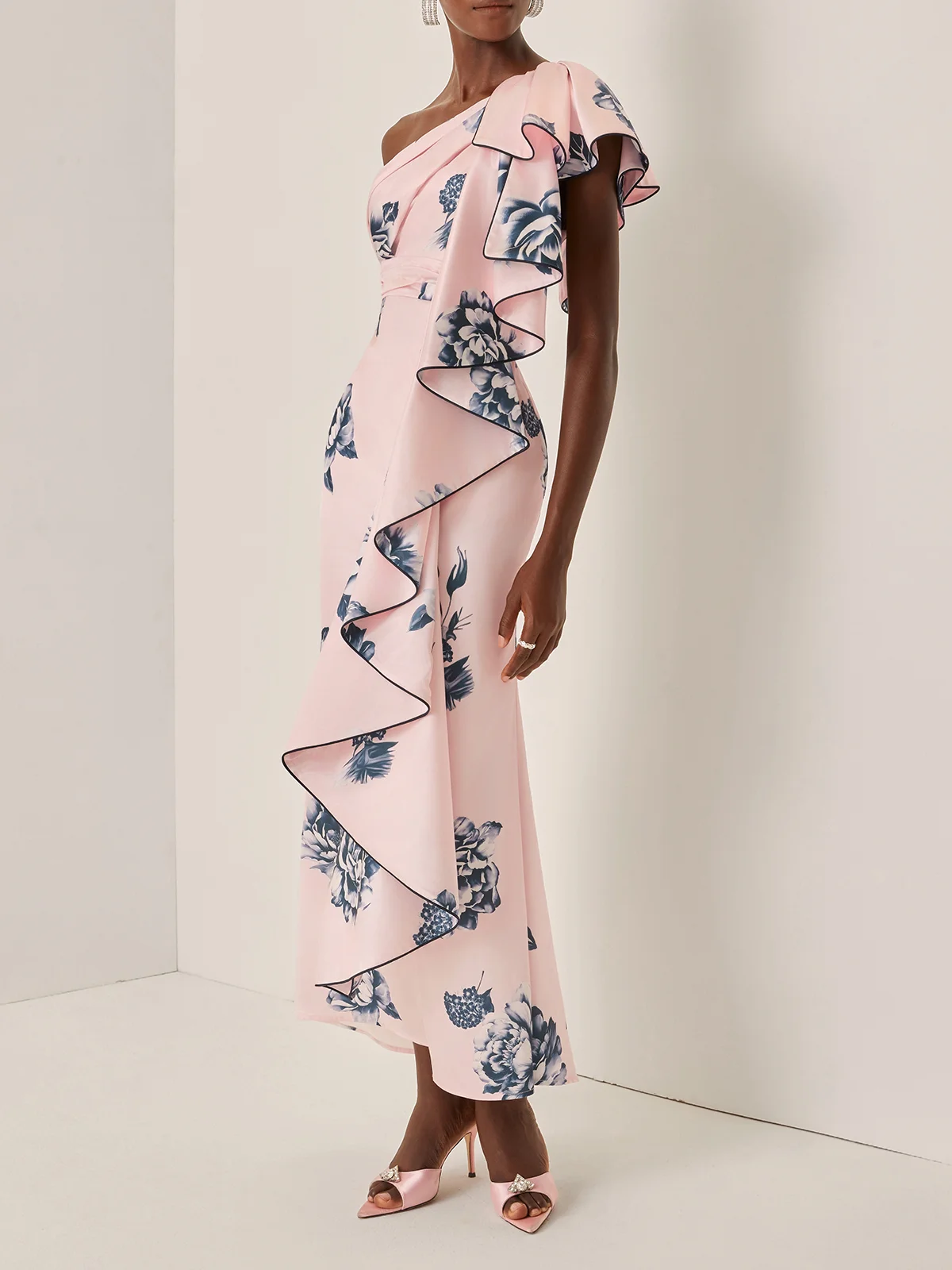 Pink Printing Peplum Satin One Shoulder Sleeveless Sheath Maxi Dress