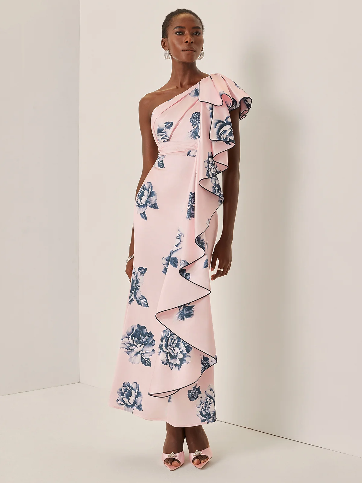Pink Printing Peplum Satin One Shoulder Sleeveless Sheath Maxi Dress
