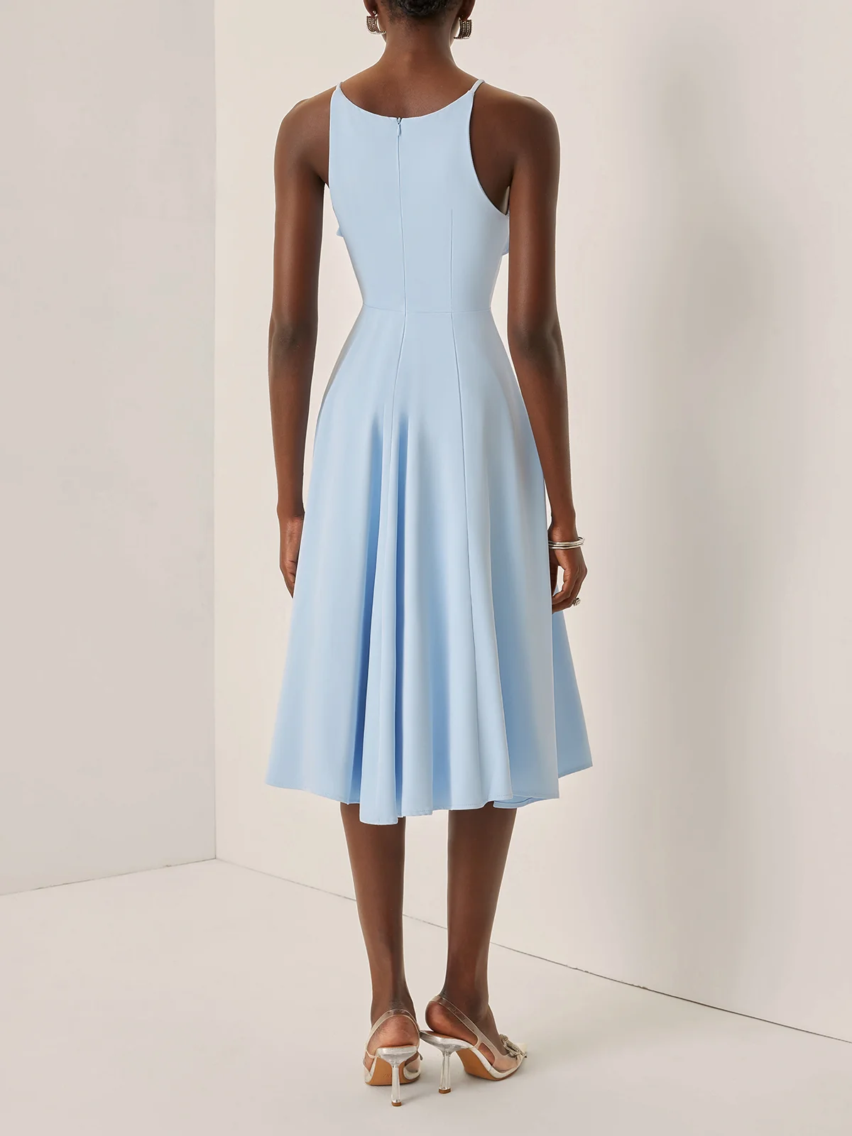 Light Blue Peplum Classic Spaghetti Sleeveless A-Line Midi Dress