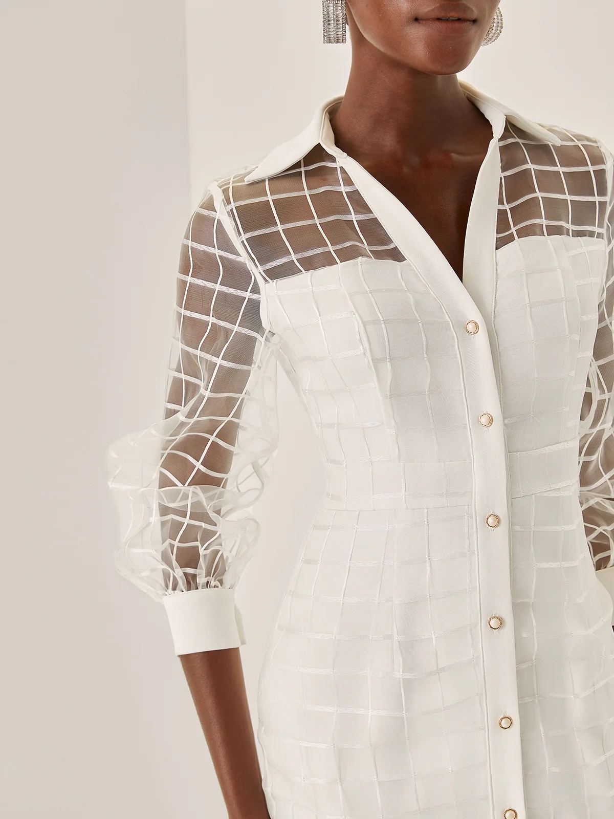 White Mesh Shirt Dress Shirt Collar Long Sleeve Balloon Sleeve Sheath Midi Dress