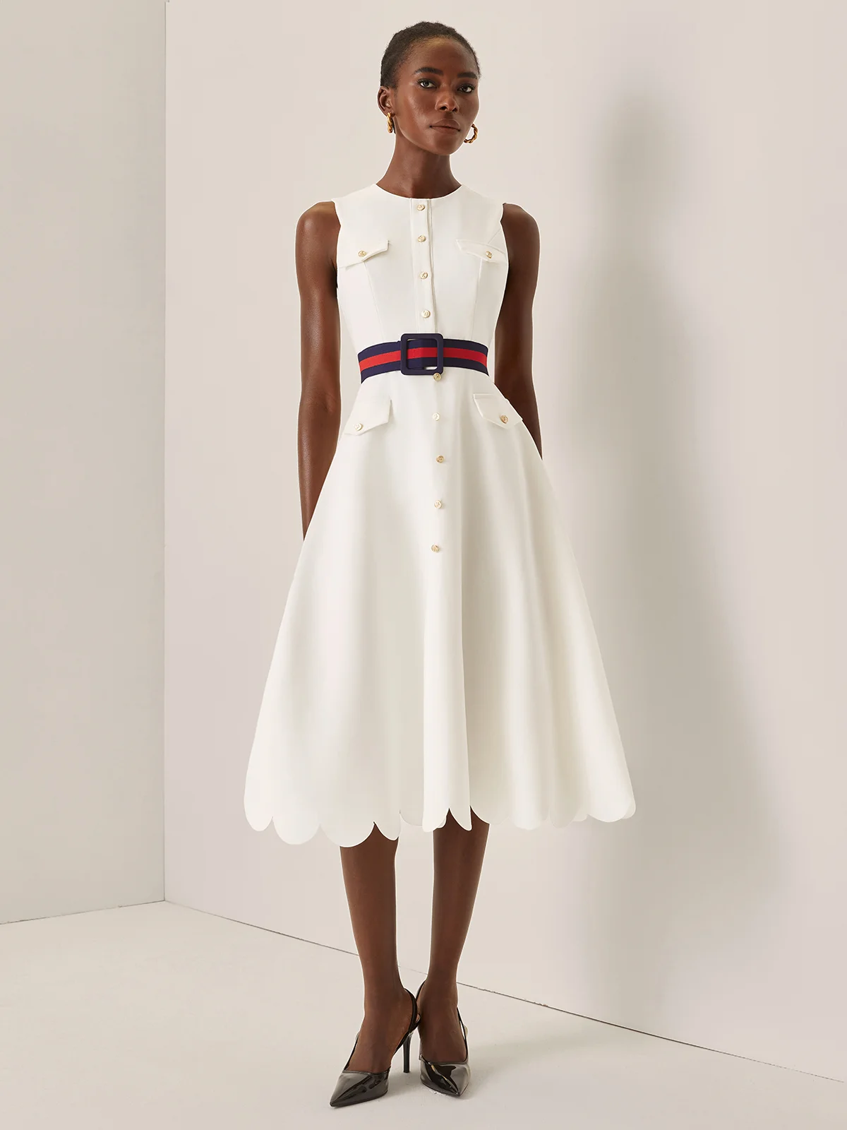 White Buckle Classic Crew Neck Sleeveless A-Line Midi Dress