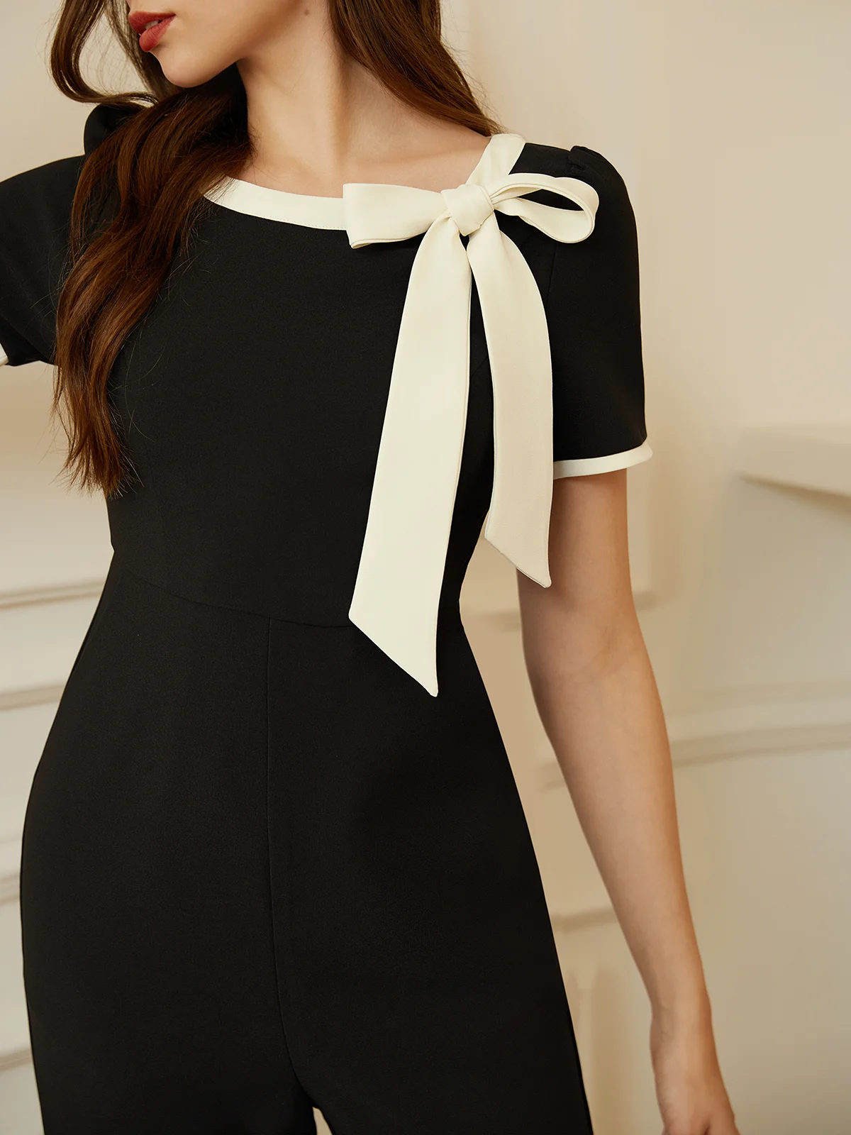 Black Boat Neck Bow Regular Fit Urban Jumpsuit
