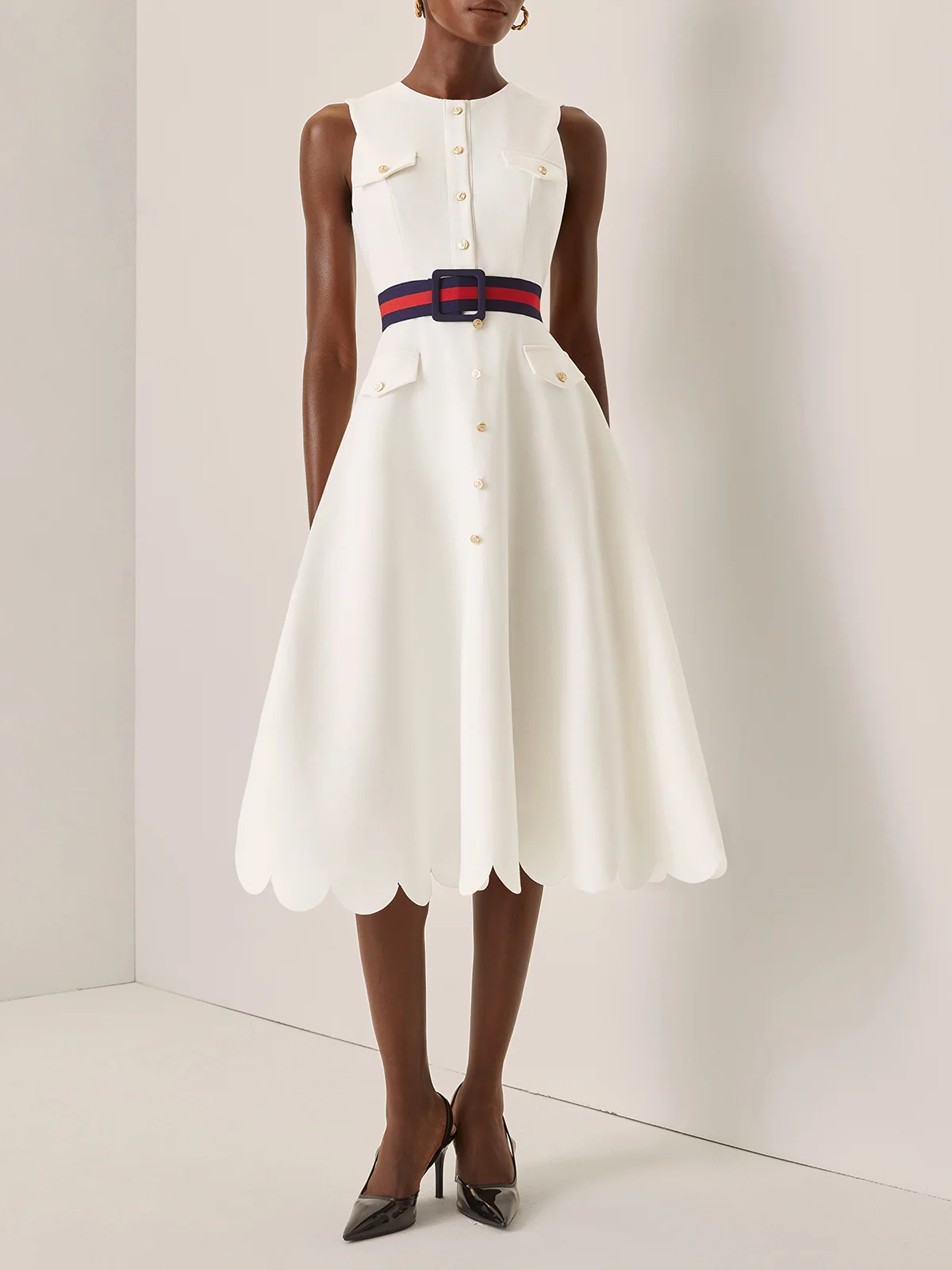 White Buckle Classic Crew Neck Sleeveless A-Line Midi Dress